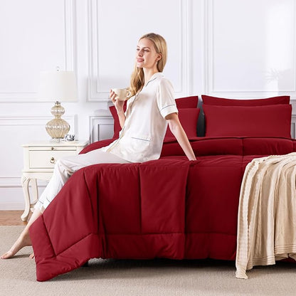 CozyLux Full Size Comforter Sets Dark Red, 7 Pieces Bed in a Bag, Red Comforter Full Size, All Season Bedding Sets with Stitch Quilted Comforter, Flat Sheet, Fitted Sheet, Pillowcases