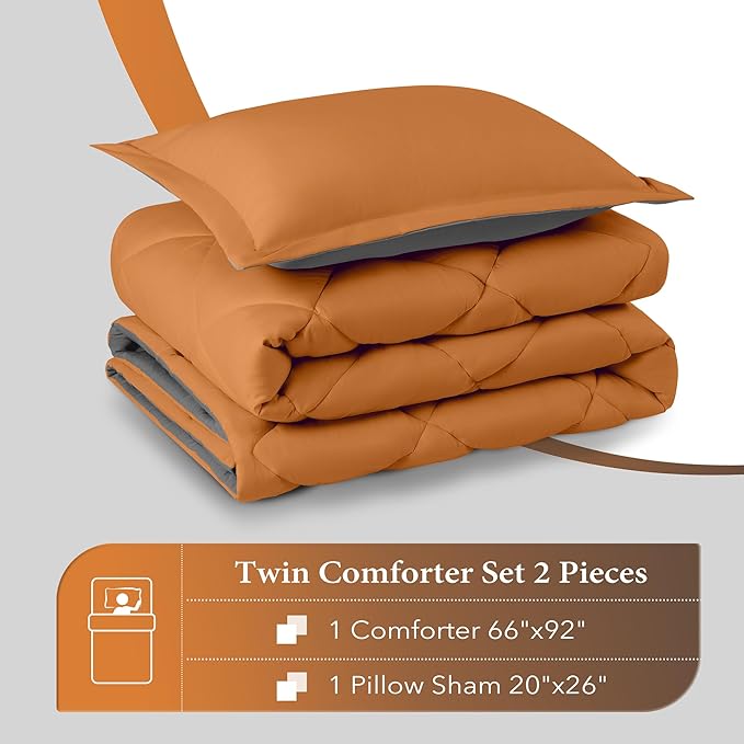 downluxe Twin Comforter Set - Burnt Orange and Grey Twin Comforter, Soft Bedding Sets for All Seasons -2 Pieces - 1 Comforter (66"x92") and 1 Pillow Sham(20"x26")
