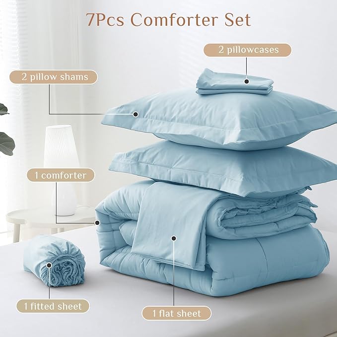 JOLLYVOGUE Queen Comforter Set, Ultra-Soft Bed in a Bag Queen Size 7 Pieces, Oeko-TEX Certified Bedding Set with Down Alternative Comforter, Sheets, Pillowcases & Shams, Lake Blue