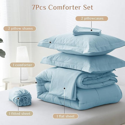 JOLLYVOGUE Queen Comforter Set, Ultra-Soft Bed in a Bag Queen Size 7 Pieces, Oeko-TEX Certified Bedding Set with Down Alternative Comforter, Sheets, Pillowcases & Shams, Lake Blue