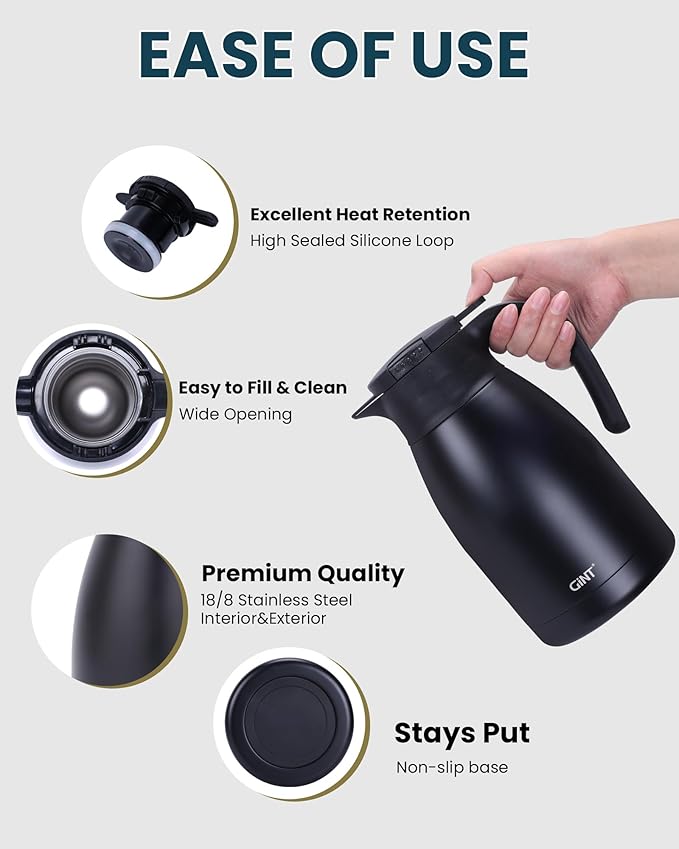 GiNT 51Oz Stainless Steel Thermal Coffee Carafe with Lid/Double Walled Vacuum Thermal Carafe / 12 Hour Heat Retention (Black, 1.5L)