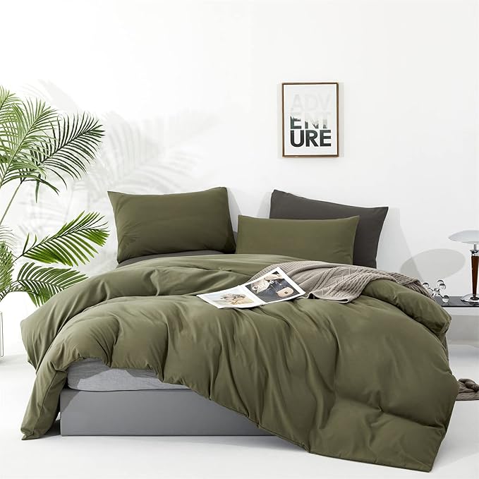 Wellboo Olive Green Comforter Sets Queen Size Solid Dark Green Bedding Comforters Cotton Plain Army Green Soft Cozy Quilts Women Men Dark Grass Green Blankets Modern Minimalist Hunter Green Comforters