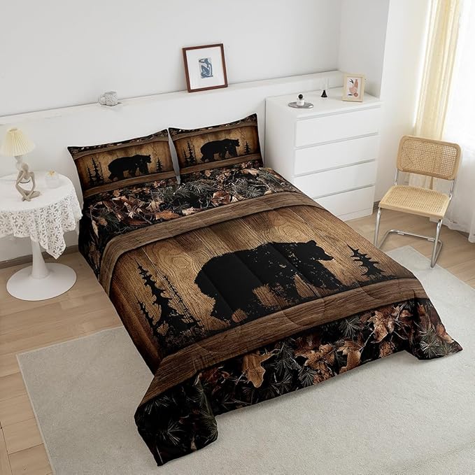 Erosebridal Rustic Farmhouse Comforter Set Country Cabin Bear Bedding Set Twin,Tree Branches Woodland Camo Hunting Wildlife Bedding Comforter Sets for Teen Boys Men Camouflage Animal Quilt Set