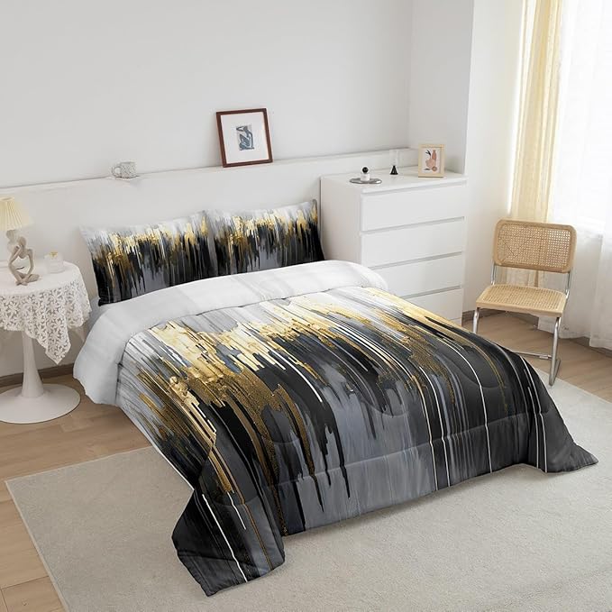 Erosebridal Black Grey Comforter Set Queen Greyish White Painting Bedding Set, Gradient Abstract Chic Vintage Bedding Comforter Sets Ombre Graffiti Duvet Set, Contemporary Modern Quilted Comforter