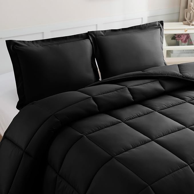 Elegant Comfort 3-Piece Box Stitched Down Alternative Comforter with Shams - Ultra Soft for All Season Duvet Insert with Corner Tabs, Plush Cozy 3PC Comforter Set, Queen, Black