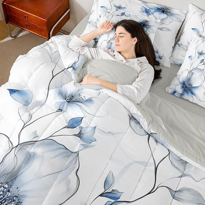Erosebridal Bohemian Floral Full Comforter Set with Sheets, Blue Flower 7 Pcs Bedding Set for Women Adults Girls, Chic Watercolor Flower Boho Bed Sets, Ink Painting Style Blossom & Leaf Bed in A Bag