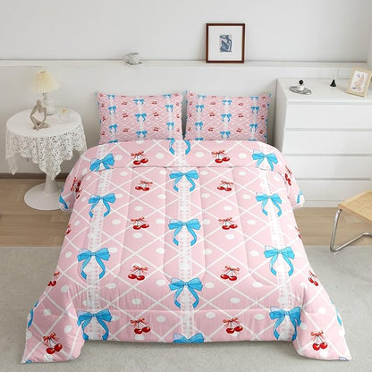 Feelyou Girls Bow Comforter Set Twin Size Cute Bowknot Bedding Set for Boys Teens Decor Kawaii Cherry Comforter Stripes Duvet Bedroom Blue Bow Quilt 2Pcs