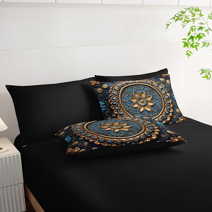 7 Piece Bed in A Bag Black and Gold Mandala Comforter Set Queen Size，Mandala Bedding Set Queen，(1 Comforter, 1 Flat Sheet, 1 Fitted Sheet, 2 Pillowcase and 2 Pillow Sham)