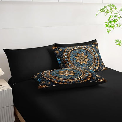 7 Piece Bed in A Bag Black and Gold Mandala Comforter Set Queen Size，Mandala Bedding Set Queen，(1 Comforter, 1 Flat Sheet, 1 Fitted Sheet, 2 Pillowcase and 2 Pillow Sham)