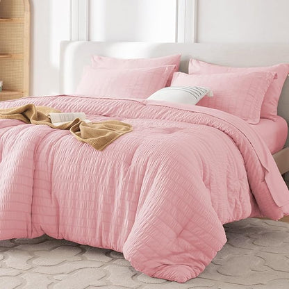 MUXHOMO 7 Pieces Queen Comforter Set, Seersucker Bed in a Bag Queen Size, All Season Luxury Bedding Set with Comforter, Flat Sheet, Fitted Sheet, Pillowcases & Shams, Pink