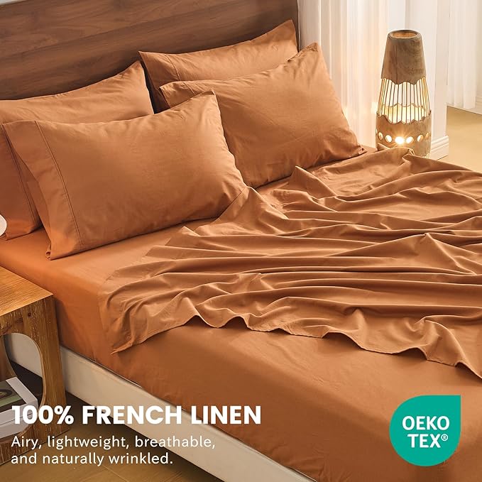 Bedlifes 100% French Flax Linen Sheets Set King Size - 6 Piece Extra Deep Pocket 18-24",Soft Breathable King Bed Sheets with Temperature Regulating & Moisture-Wicking(Brown