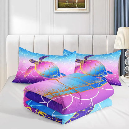 HOSIMA Mermaid Fish Scales Bedding Sets Twin,Sea Turtle Comforter Rainbow Bedding Glitter Star Themed Twin Comforter Set for Girls Kids Room Decor,Twin Bed Set for Girls with 2 Pillowcases.