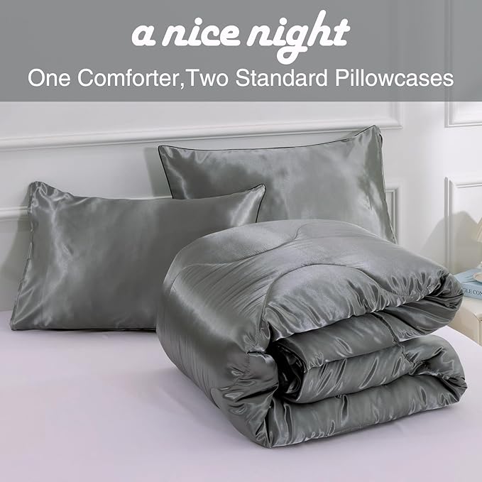 A Nice Night Satin Silky Soft Quilt Luxury Super Soft Microfiber Bedding Comforter Set Full/Queen, Light Weighted (Silver, Queen)