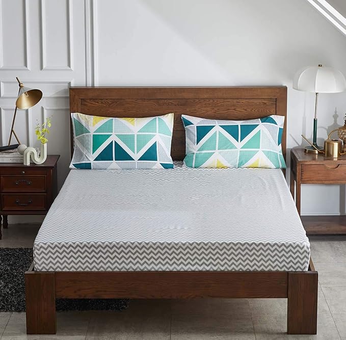Green Yellow Bed in a Bag 6 Pieces Twin Size Comforter Sheet Set Triangles Print -Summer Soft Complete Bedding Set (1 Comforter 2 Pillow Shams 1 Flat Sheet 1 Fitted Sheet 1 Pillowcases)