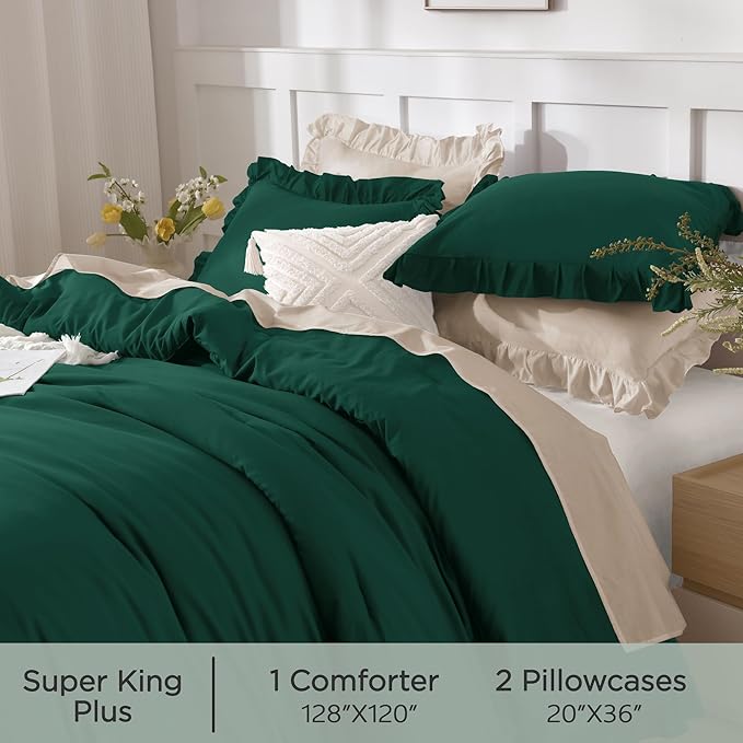 Andency Oversized King Comforter Set 128x120, 3 Pieces Dark Green Ruffle Shabby Chic Famhouse Bedding Set for Women, Lightweight Fluffy Super King Plus Bed Set for Girls