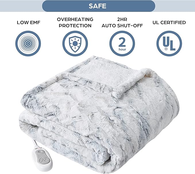 Codi Soft Faux Fur Electric Blanket, Heated Throw with Fuzzy Sherpa Back | White/Slate Marble, 60x70 | Lightweight Warming Throws for Couch | 3 Heat Setting with Auto Shut Off, 6ft Power Cord Washable