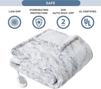Codi Soft Faux Fur Electric Blanket, Heated Throw with Fuzzy Sherpa Back | White/Slate Marble, 60x70 | Lightweight Warming Throws for Couch | 3 Heat Setting with Auto Shut Off, 6ft Power Cord Washable