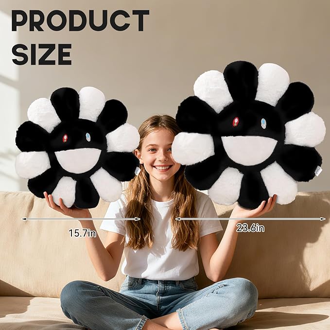 Flower Pillow,Flower Shaped Throw Pillow,Smiley Face Floor Cushions,Cute Sunflower Plush Pillows,Valentines Day Gifts,Black and White Decorative Pillows for Bed,Couch,Sofa,Car (Black and White,15.7In)