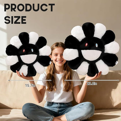 Flower Pillow,Flower Shaped Throw Pillow,Smiley Face Floor Cushions,Cute Sunflower Plush Pillows,Valentines Day Gifts,Black and White Decorative Pillows for Bed,Couch,Sofa,Car (Black and White,15.7In)
