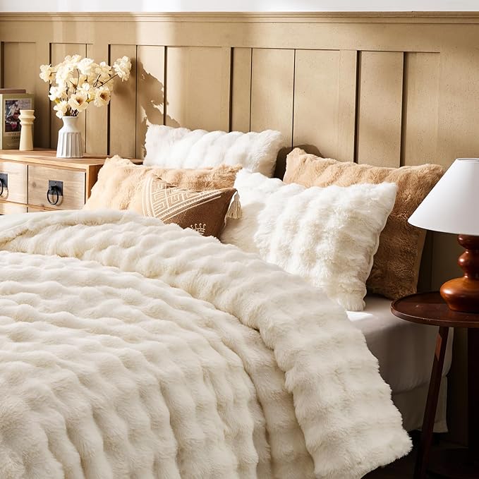 Lotus Karen Faux Fur Full Comforter Set – Cream White Fluffy Comforter Full Size, Big Bubble Faux Rabbit Fur Bedding Comforter Sets, Warm Cozy Fuzzy Bed Set 3 Pieces, 1 Comforter and 2 Pillowcases