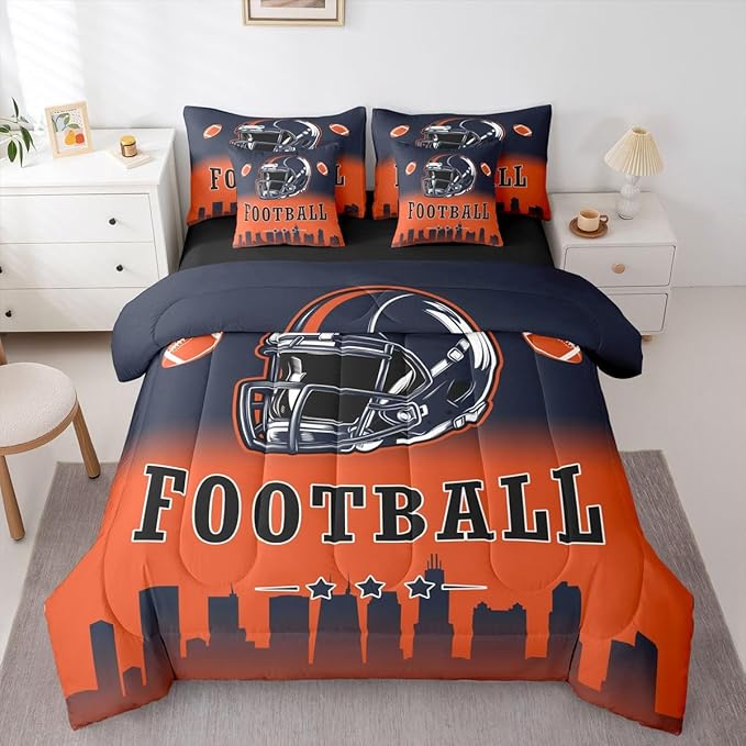 Erosebridal Football Boys Full 7 Piece Bedding Set American Soccer Sports Comforter Set with Sheets Sports Rugby Orange Blue Bed in A Bag for Kids Teen Adults,Ball Games Bed Set