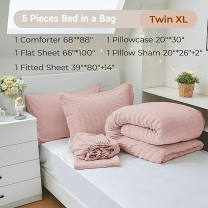 MUXHOMO 5 Pieces Twin XL Comforter Set, Seersucker Bed in a Bag Twin XL Size, All Season Luxury Bedding Set with Comforter, Flat Sheet, Fitted Sheet, Pillowcase & Sham, Rose Gold