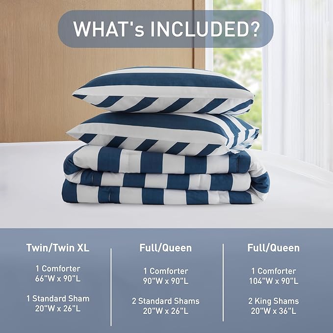 Reversible Striped Twin Comforter Set, Soft Microfiber Bedding Set with Double-Sided Stripes Design, Warm & Cozy for All-Seasons, 2-Piece Comforter and Sham Set Twin Size, Navy
