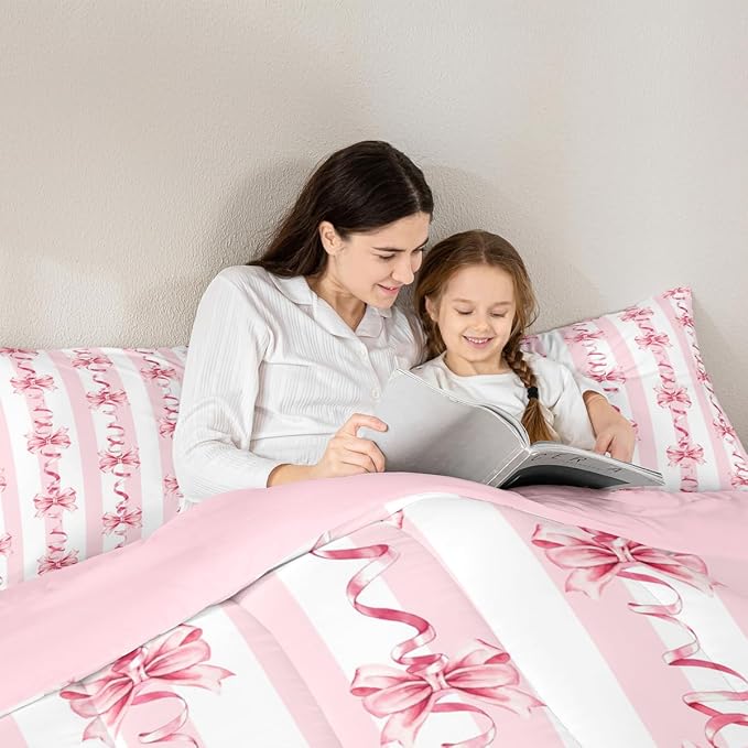 Erosebridal Pink Ribbon Bow Comforter Set Cute Coquette Bowknot King Bedding Set for Girls,Romantic Aesthetic Princess Bow Comforter Pink Geometric Striped Line Bed Set for Kids Teen Adults