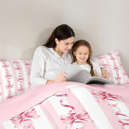 Erosebridal Pink Ribbon Bow Comforter Set Cute Coquette Bowknot King Bedding Set for Girls,Romantic Aesthetic Princess Bow Comforter Pink Geometric Striped Line Bed Set for Kids Teen Adults