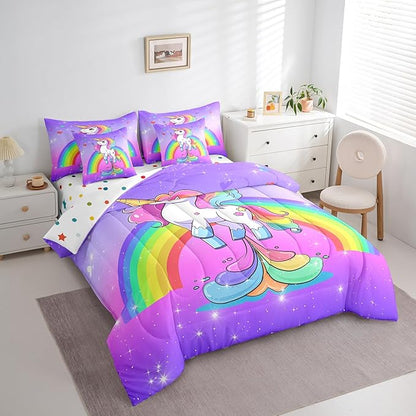 Erosebridal Unicorn 7 Piece Comforter Set Twin,Rainbow Unicorn Bedding Set for Little Kids Boys Girls Bedroom Decor,Purple Starry Sky Down Comforter,Kawaii Cartoon Animals Flat Fitted Sheet,Reverse