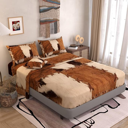 Namoxpa6 Pieces Cow Comforter Sets,3D Brown Vintage Retro Cowhide Pattern,Decorative 6 Piece Bedding Sets with Comforter,Flat Sheet,Fitted Sheet,Throw Pillow Cover,Pillow Shams,Queen Size