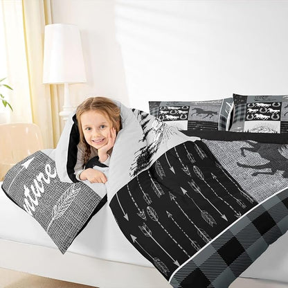 Erosebridal Southwestern Comforter Set King Size, Kids Boys Western Horse Bedding Set Retro Horseshoe Riding Boots Duvet Insert Rustic Arrow Adventure Themed Down Comforter Cabin Lodge Decor, Grey