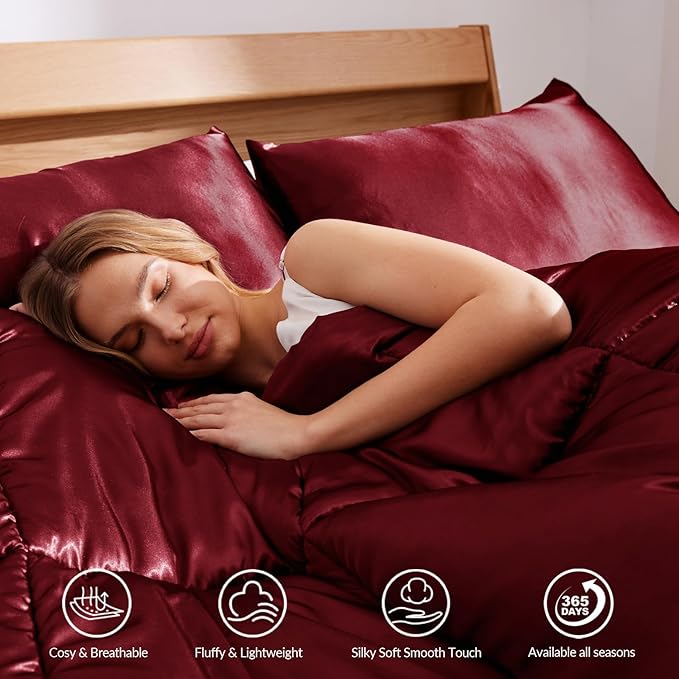 Whale Flotilla 2-Piece Reversible Silky Soft Twin Size Comforter Bedding Set, Luxurious Satin Comforters with Satin Pillowcase, Lightweight Duvet for All Seasons, Red
