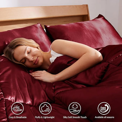 Whale Flotilla 2-Piece Reversible Silky Soft Twin Size Comforter Bedding Set, Luxurious Satin Comforters with Satin Pillowcase, Lightweight Duvet for All Seasons, Red
