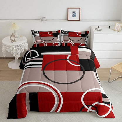 Erosebridal Modern Red Grey Black Stripes Comforter Set Geometric Down Comforter Twin Size Retro Circle Swirls Bedding Set Bedroom Decor Modern Abstract Texture Color Art Quilt Set