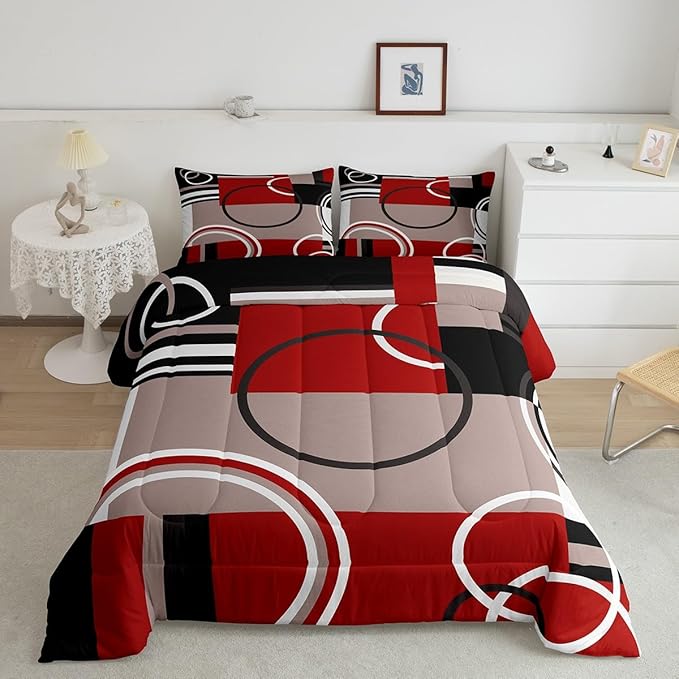 Erosebridal Modern Red Grey Black Stripes Comforter Set Geometric Down Comforter King Size Retro Circle Swirls Bedding Set Bedroom Decor Modern Abstract Texture Color Art Quilt Set