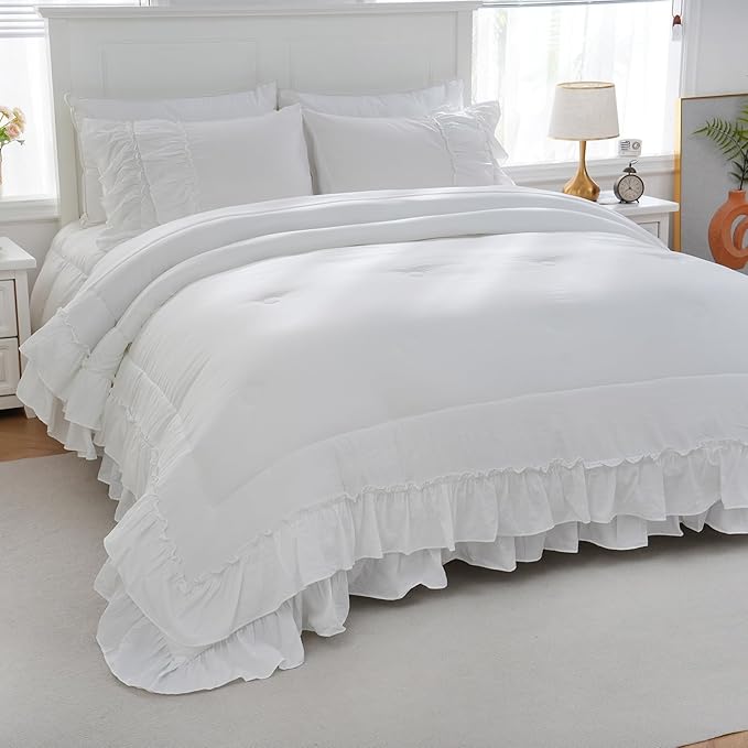 Boho Bedding King White Comforter Set Shabby Chic Beddings 2 Layers Ruffle Home Decor Farmhouse Bed Comforter