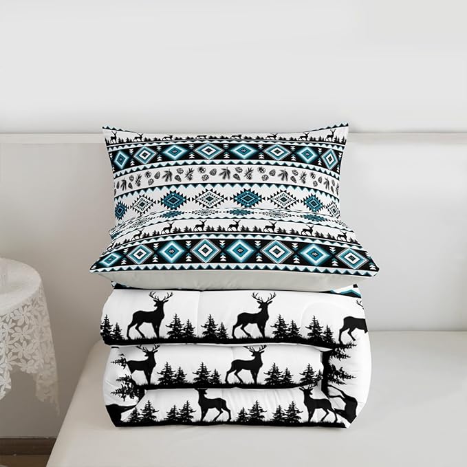 Deer Silhouettes Twin Size Comforter Set,Aztec Abstract Geometric Print Duvet Set Soft Bed Collection,Western Elk Animals Southwest Tribal Ethnic Bedding Comforter for Boys Girls Bedroom,2 Pcs