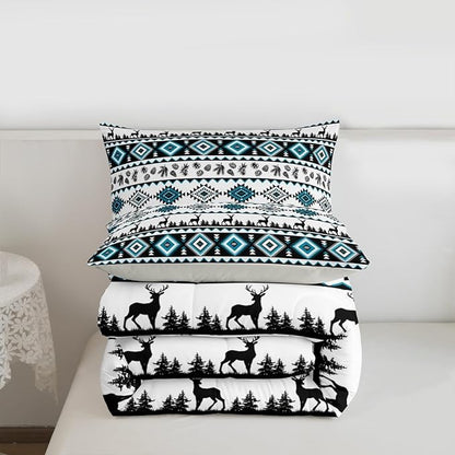 Deer Silhouettes Comforter Set with 2 Pillowcases,Aztec Abstract Geometric Print Super Soft Bedding Set for Adults Teens,Western Elk Animals Southwest Tribal Ethnic Duvet Set for Room Decor,King