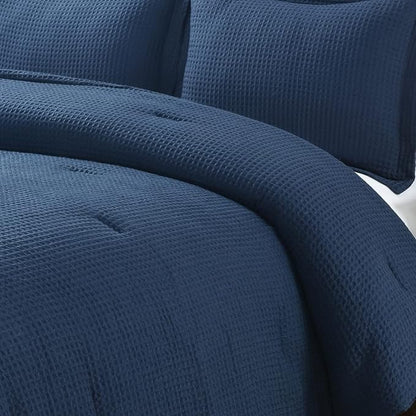 Chezmoi Collection Wilmer 3-Piece Waffle Weave Comforter Set - Soft and Cozy All Season Bedding Set, Queen, Navy