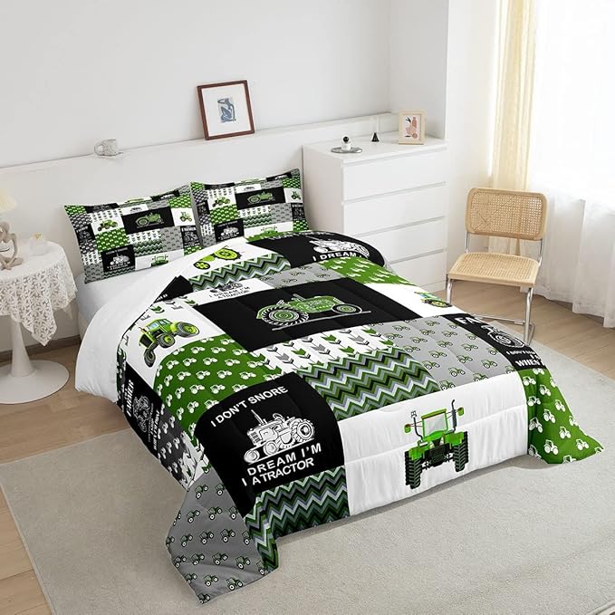 Feelyou Tractor Comforter Set Cartoon Farm Tractor Down Duvet for Kids Boys Girls Truck Car Bedding Set Harvester Excavator Comforter Green 1 Comforter Set with 1 Pillowcase Toddler Size
