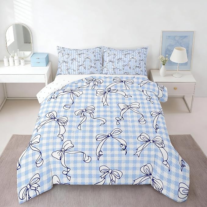 Feelyou Kawaii Bow Bedding Set Plaid Girls Bow Comforter Set for Kids Boys Girls Teens Room Decor Cute Bowknot Comforter Queen Size Lovely Grid Duvet Set 3Pcs