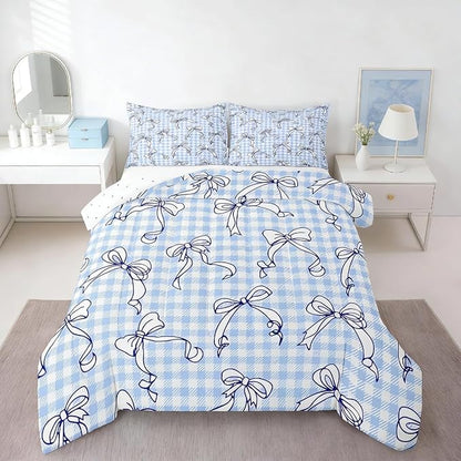 Feelyou Kawaii Bow Bedding Set Plaid Girls Bow Comforter Set for Kids Boys Girls Teens Room Decor Cute Bowknot Comforter King Size Lovely Grid Duvet Set 3Pcs