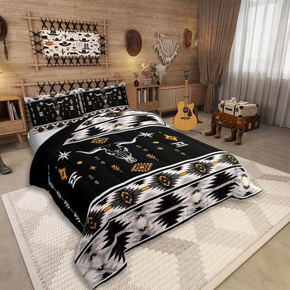 Erosebridal Western Bull Skull Bedding Set Boho Southwestern Aztec Comforter Set Twin Size for Boys Teens Men, Ethnic American Native Duvet Insert Farmhouse Rustic Tribal Quilt 2 Piece, Black Grey