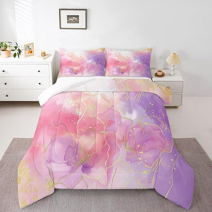 Erosebridal Pink Marble Bedding Comforter Sets Full Size, Tie Dye Decor Comforter Set for Boys Girls Women Bedroom, Gold Bronzing Bedding Purple Modern Abstract Quilt with 2 Pillowcases