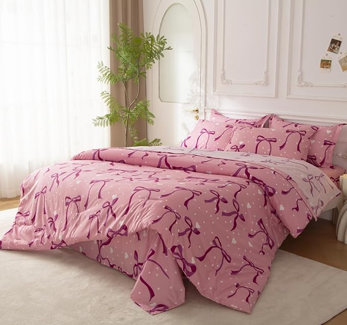 SDY 7PCS Full Size Pink Bow Comforter & Sheet Set - Cute Room Decor Bedding for Girls, Includes 1 Comforter, 1 Flat& Fitted Sheet, 2 Pillowcases & 2 Pillow Shams, Cozy Adorable Pick for Girls’ Bedroom