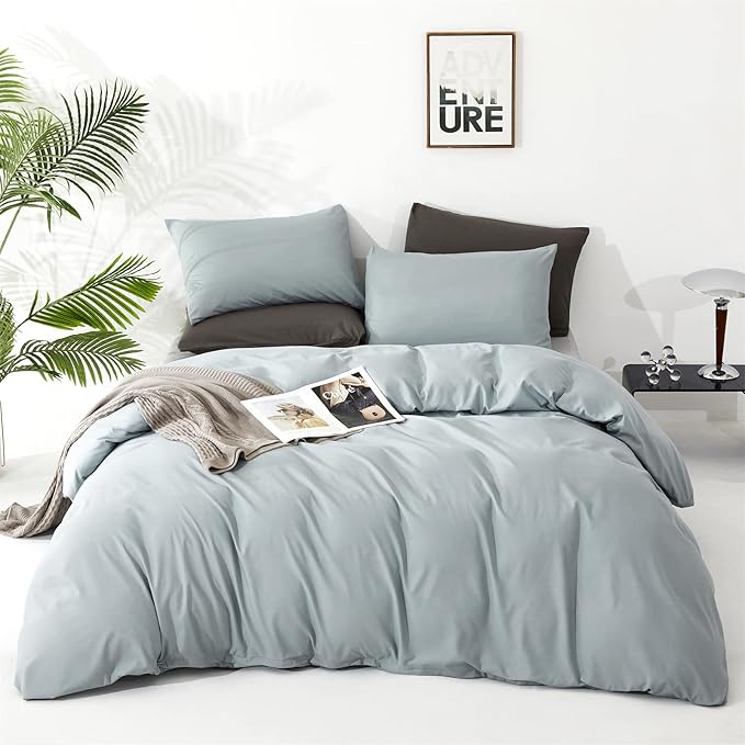 CLOTHKNOW Dusty Blue Queen Comforter Set 3Pcs Haze Blue Bedding Comforter Sets Soft Women Grils Queen Comforter with 2 x Pillow Cases