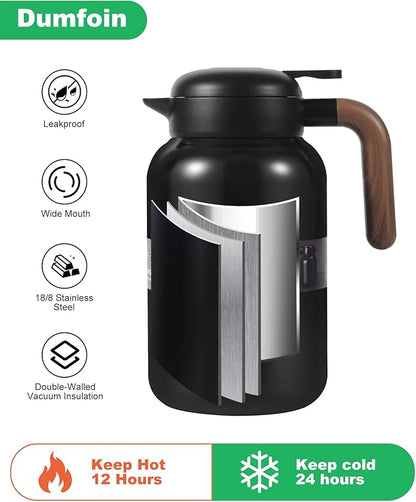 68 Oz Thermal Coffee Carafe, Stainless Steel Insulated Vacuum Coffee Carafes For Keeping Hot, 2 Liter Carafe for Hot Liquids (Matte Black)