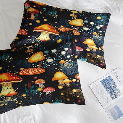 Mushroom Comforter Set for Kids Teens Adults Full, Orange Green Plant Bedding Sets Water Washed Microfiber Bedding with 1 Comforter 2 Pillowcases All Season