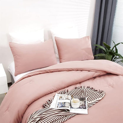 Cottonight Pink Comforter Set King Women Blush Pink Bedding Comforter Set Light Pink Solid Color Dusty Rose Quilts Blanket Breathable Soft Comforter Set